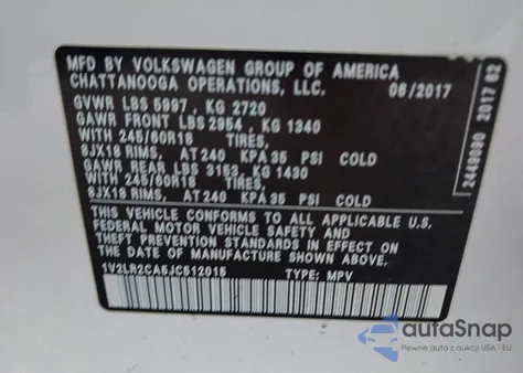 2018 Volkswagen Atlas 3.6L V6 Se/3.6L V6 Se W/Technology z USA, uszkodzony, nr VIN 1V2LR2CA5JC512015